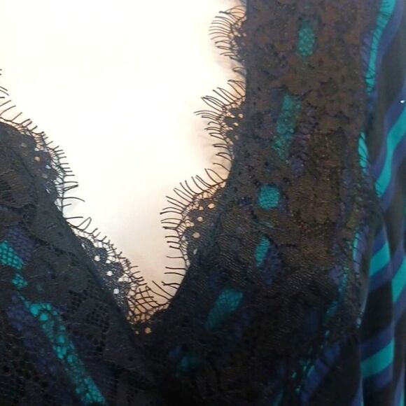 ISAAC MIZRANI Teal / black stripped long-sleeve V-neck Boho wrap midi dress L - Picture 8 of 14